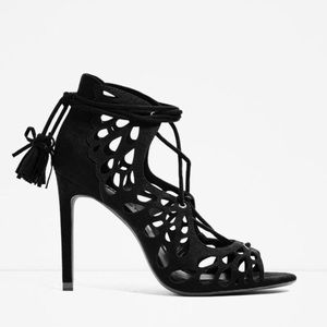 Zara Lace up Sandal Black Suede Size 8